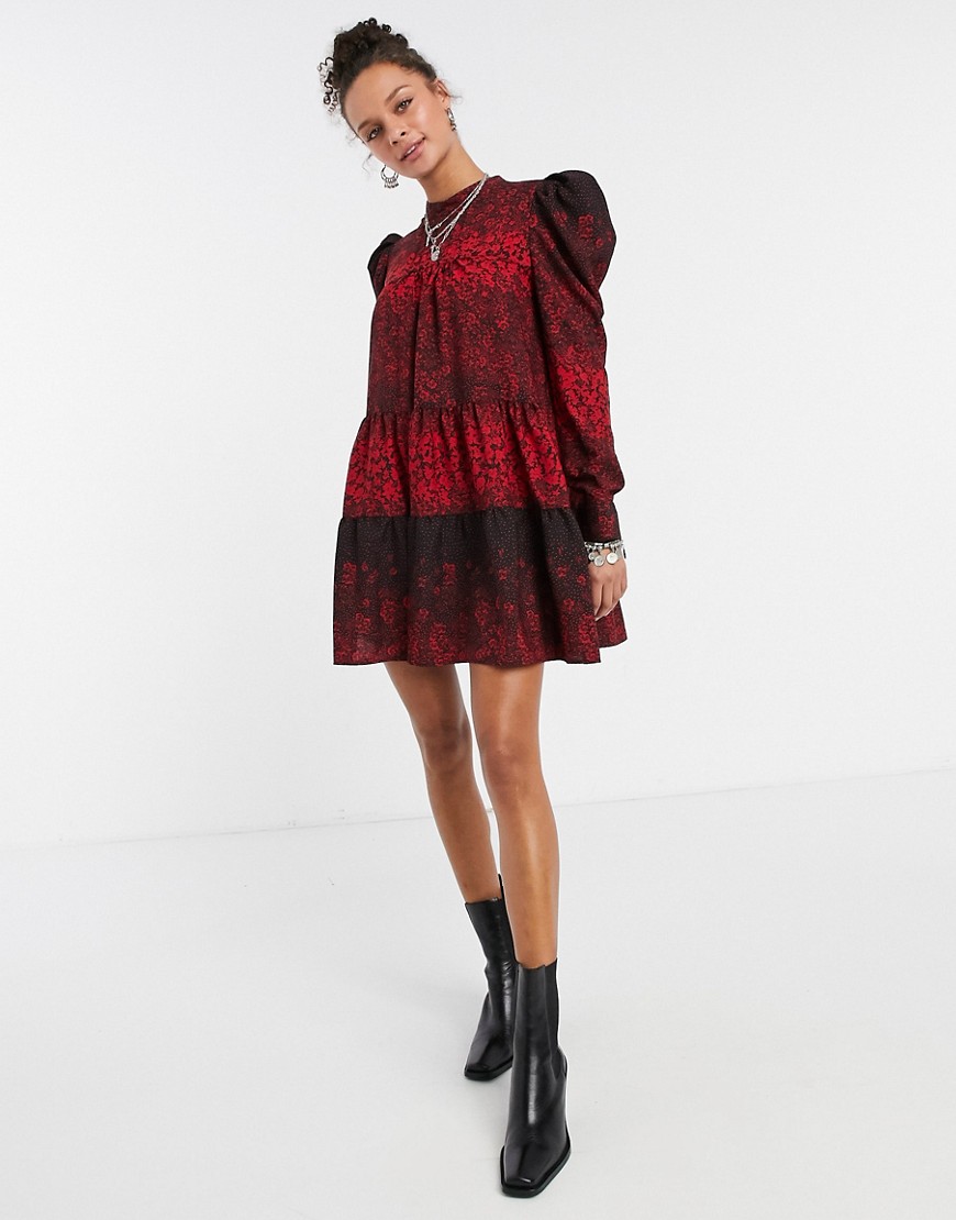 Topshop high neck puff sleeve mini dress in red print
