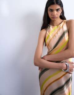 Model wearing High neck racer satin midi dress in ombre stripe