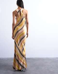 Model wearing High neck racer satin midi dress in ombre stripe