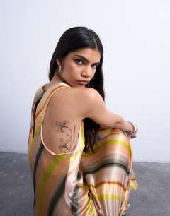 Model wearing High neck racer satin midi dress in ombre stripe