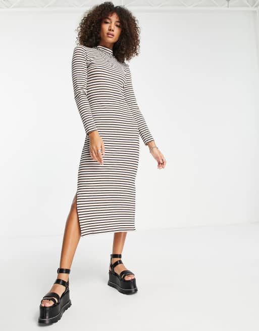 Topshop high neck rib jersey midi dress in stripe