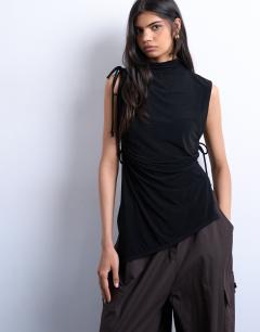 High neck ruched channel tunic top in black