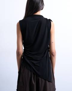 Model wearing High neck ruched channel tunic top in black