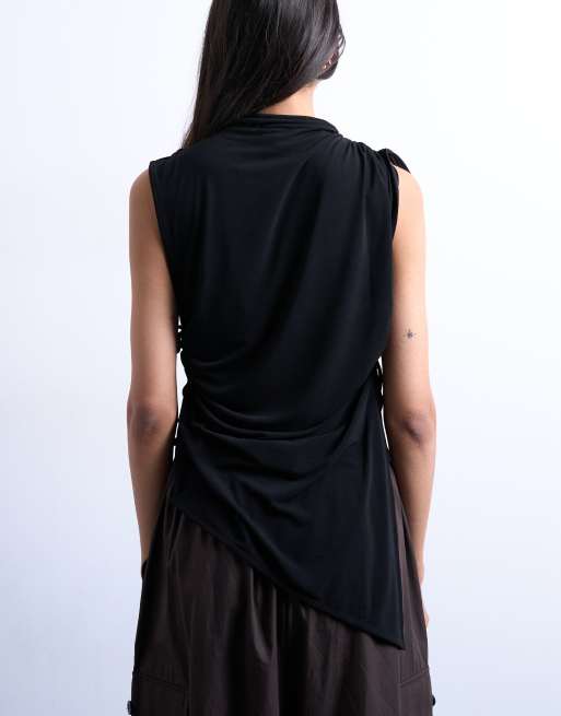 Topshop high neck ruched channel tunic top in black, 4 of 4