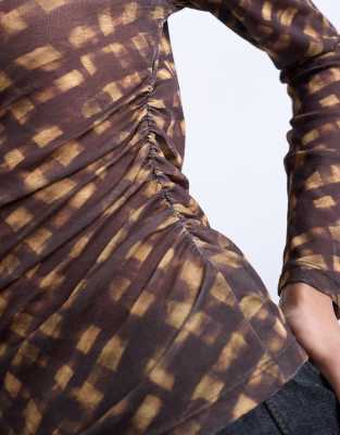Topshop High Neck Ruched Check Print Long Sleeve Top In Brown