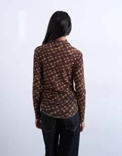 Model wearing High neck ruched check print long sleeve top in brown