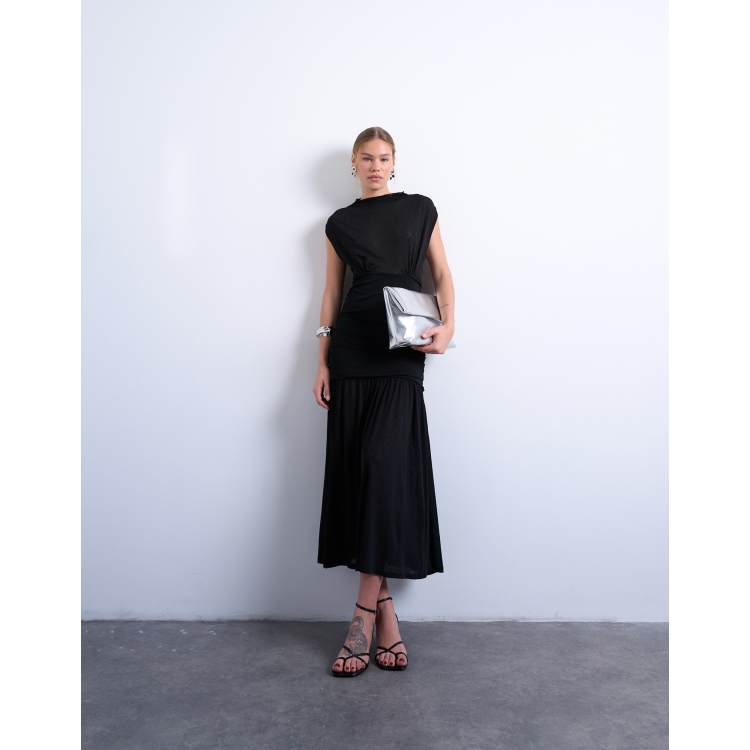 Topshop high neck ruched maxi dress in black | ASOS