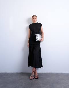 High neck ruched maxi dress in black