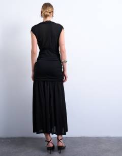 Model wearing High neck ruched maxi dress in black