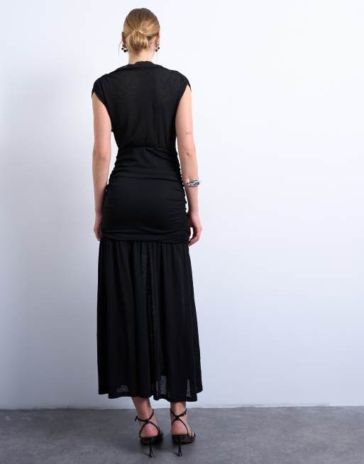 Topshop high neck ruched maxi dress in black