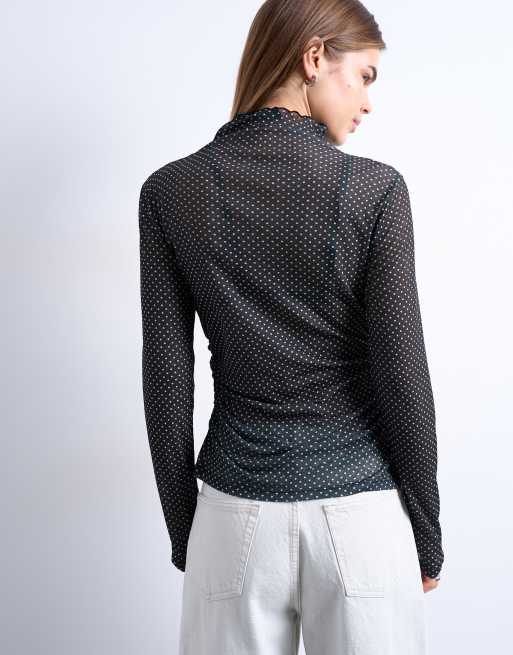 Topshop high neck ruched polka dot print long sleeve top in black, 4 of 4