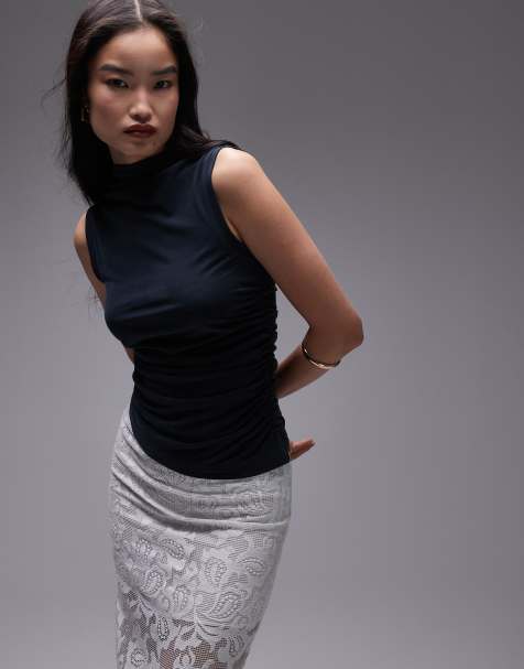 Topshop high neck ruched side super soft cupro top in black - view 1