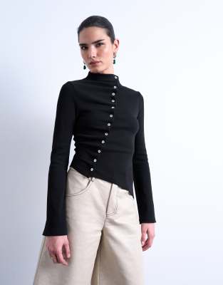Topshop High Neck Ruffle Button Front Long Sleeve Top In Black