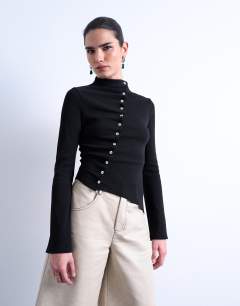 High neck ruffle button long sleeve top in black