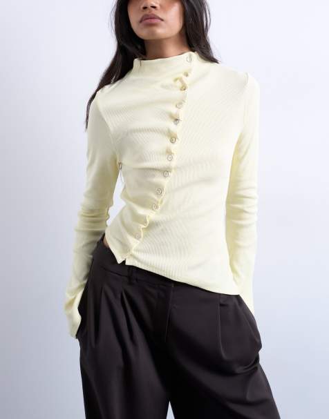 Topshop high neck ruffle button long sleeve top in buttermilk - view 1