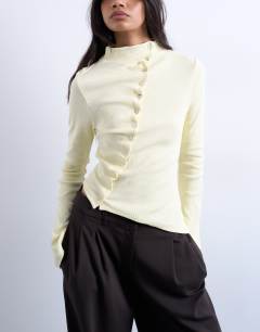 High neck ruffle button long sleeve top in buttermilk