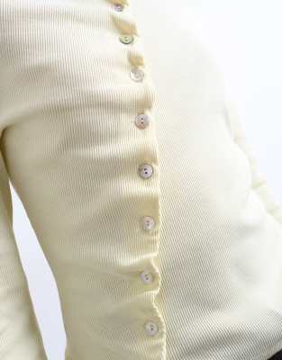 Topshop High Neck Ruffle Button Long Sleeve Top In Neutral