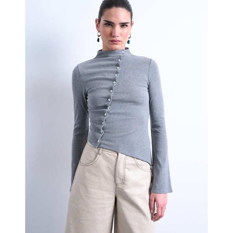 Topshop high neck ruffle button long sleeve top in grey marl | ASOS