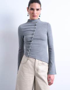 High neck ruffle button long sleeve top in grey marl