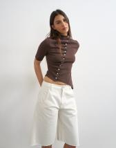 Topshop high neck ruffle button through half sleeve top in dark chocolate
