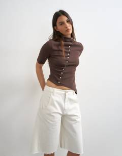 High neck ruffle button through half sleeve top in dark chocolate