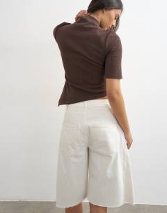 Model wearing High neck ruffle button through half sleeve top in dark chocolate