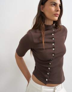 Model wearing High neck ruffle button through half sleeve top in dark chocolate