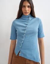 Topshop high neck ruffle button through half sleeve top in dusty blue