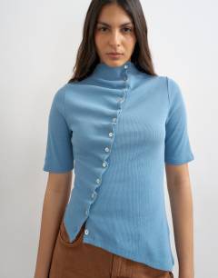 High neck ruffle button through half sleeve top in dusty blue