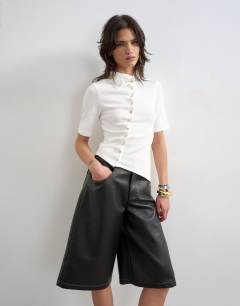 High neck ruffle button through half sleeve top in ecru