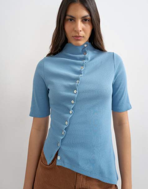Topshop high neck ruffle button up half sleeve top in dusty blue - view 1