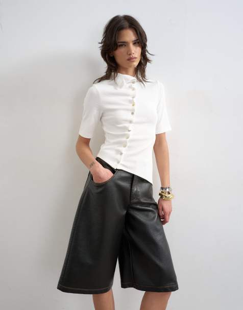 Topshop high neck ruffle button up half sleeve top in ecru - view 1