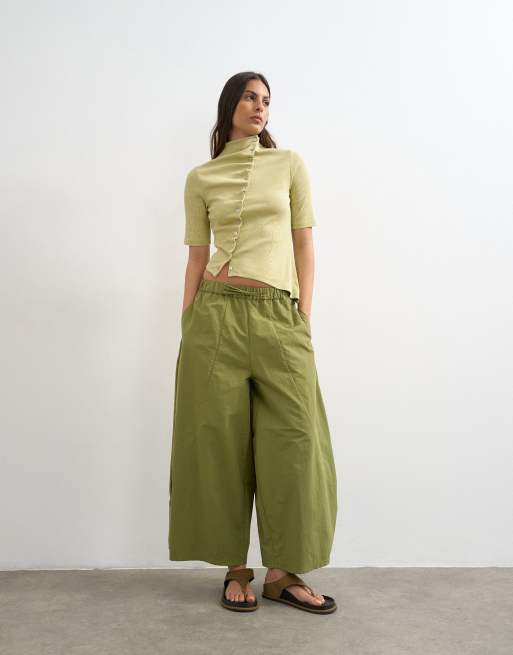 Topshop high neck ruffled button up half sleeve top in soft lime, 2 of 4