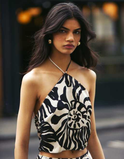 Topshop high neck satin halter suntop in mono fern smudge print (part of a set)