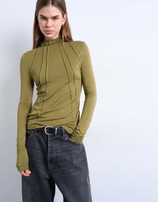 Topshop High Neck Seam Detail Long Sleeve Top In Green