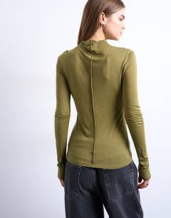 Model wearing High neck seam detail long sleeve top in khaki