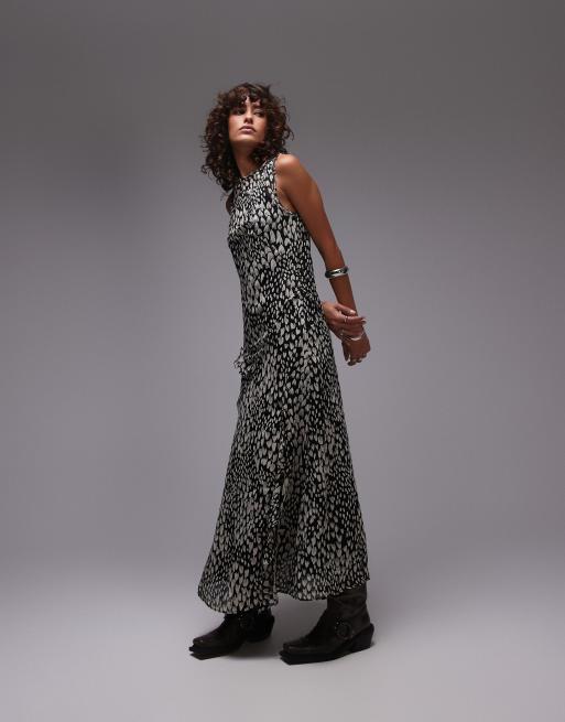 Topshop high neck sheer frill raw edge midi dress in animal