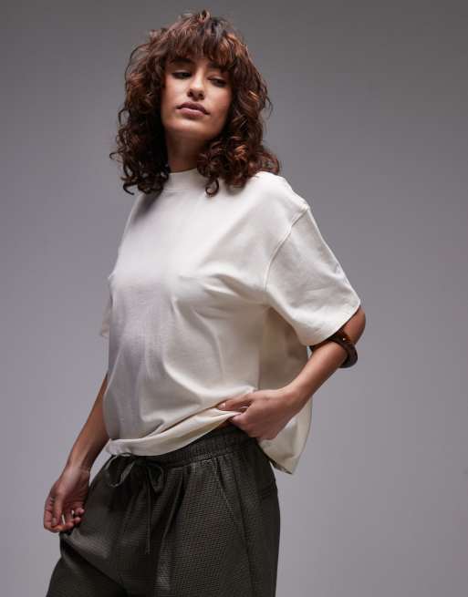 Topshop high neck short sleeve tee in stone