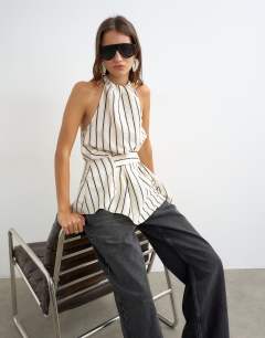 High neck sleeveless belt detail top in mono stripe