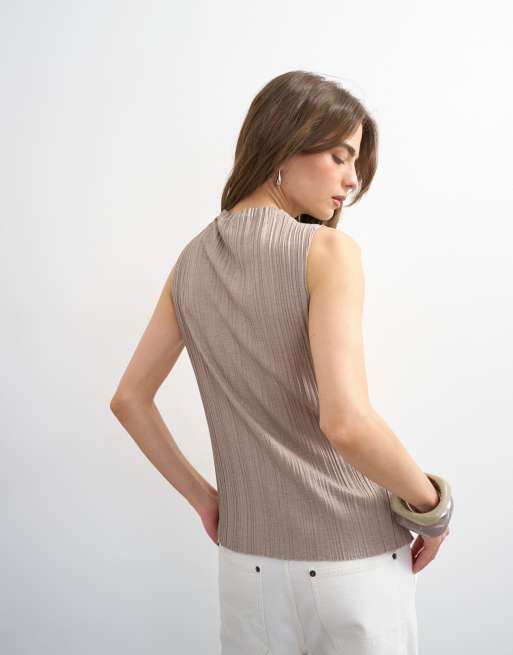 Topshop high neck sleeveless plisse top in oat, 4 of 4
