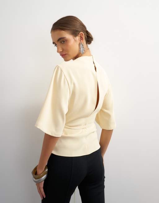 Topshop high neck tie detail short sleeved top in buttermilk, 3 of 4