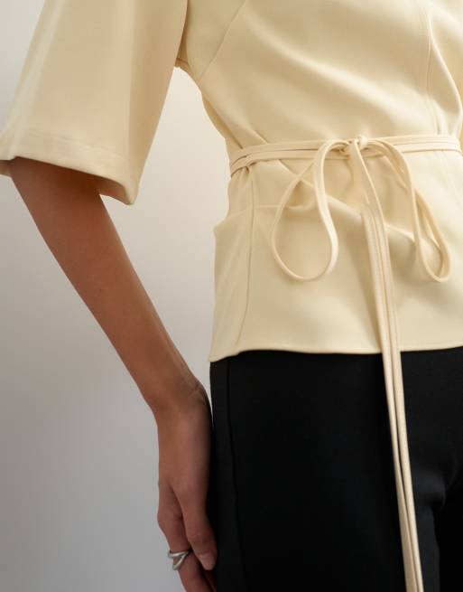 Topshop high neck tie detail short sleeved top in buttermilk, 4 of 4