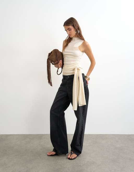 Topshop high neck top with tie detail in buttermilk, 2 of 4