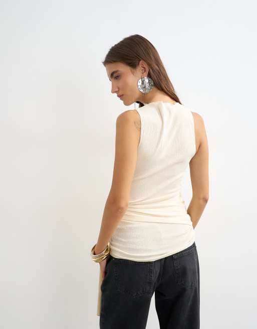 Topshop high neck top with tie detail in buttermilk, 3 of 4