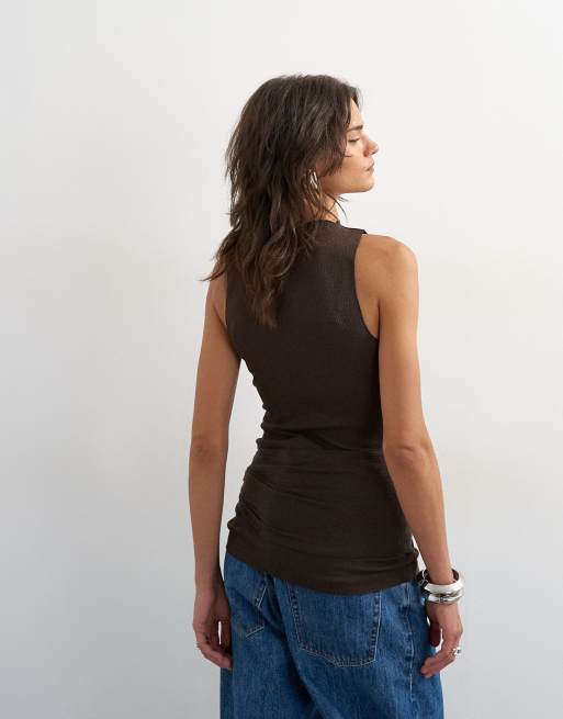 Topshop high neck top with tie detail in chocolate, 3 of 4