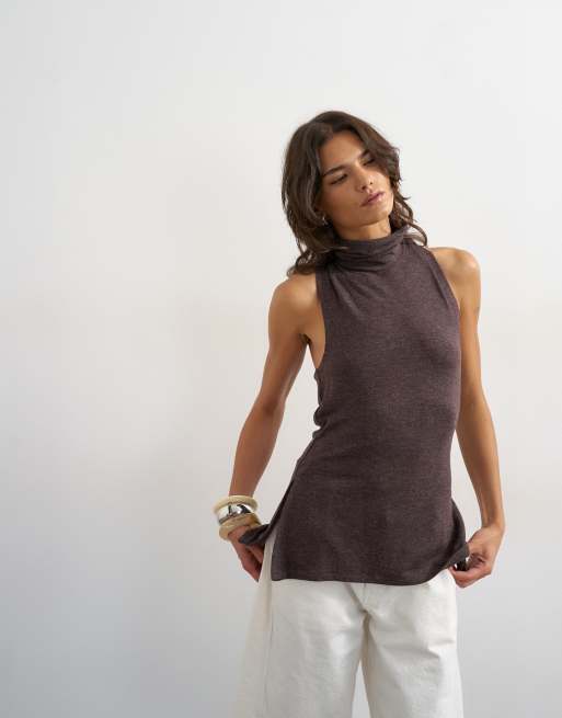 Topshop high neck twist back detail tank in dark chocolate, 2 of 4