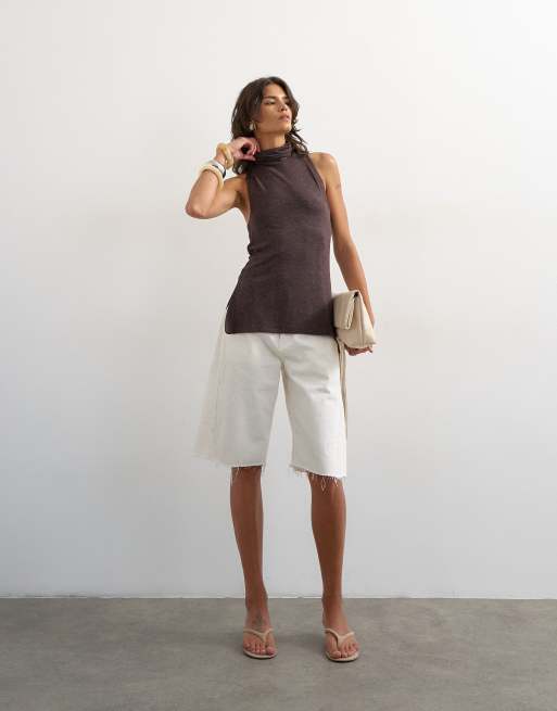Topshop high neck twist back detail tank in dark chocolate, 3 of 4