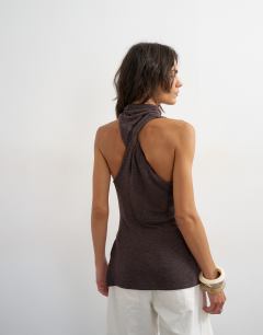 Model wearing High neck twist back detail tank in dark chocolate