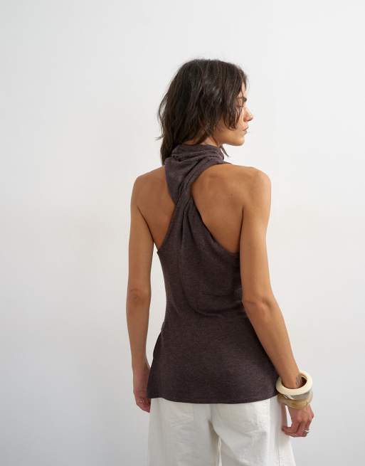 Topshop high neck twist back detail tank in dark chocolate, 4 of 4