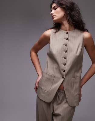 TOPSHOP HIGH NECK VEST WITH POCKETS IN PINSTRIPE TAUPE-NEUTRAL